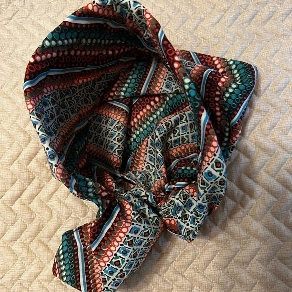 Vintage 1950s scarf tied and sewed blue red green white